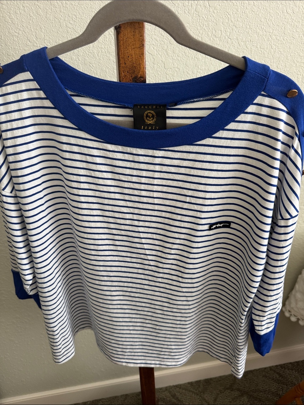 Vecceli Italy Blue & White Striped Boatneck Top with Gold Buttons Size L